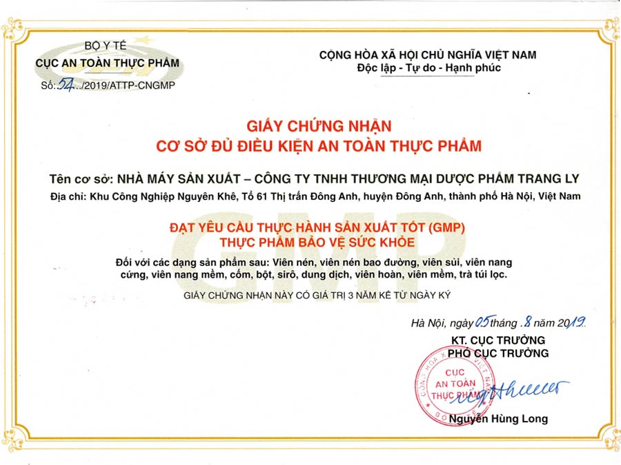 Giấy chứng nhận Công ty TNHH Thương Mại Dược Phẩm Trang Ly đủ điều kiện an toàn thực phẩm