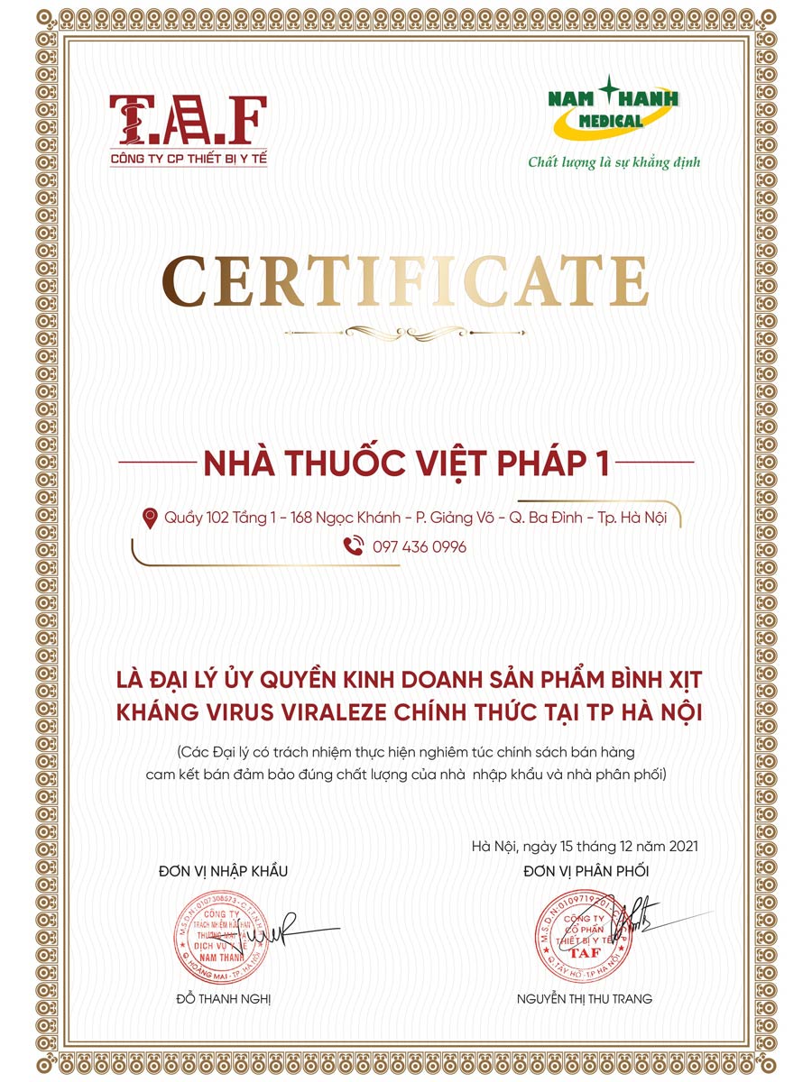 Giấy chứng nhận Nhà thuốc Việt Pháp 1 là đại lý ủy quyền kinh doanh sản phẩm chính thức