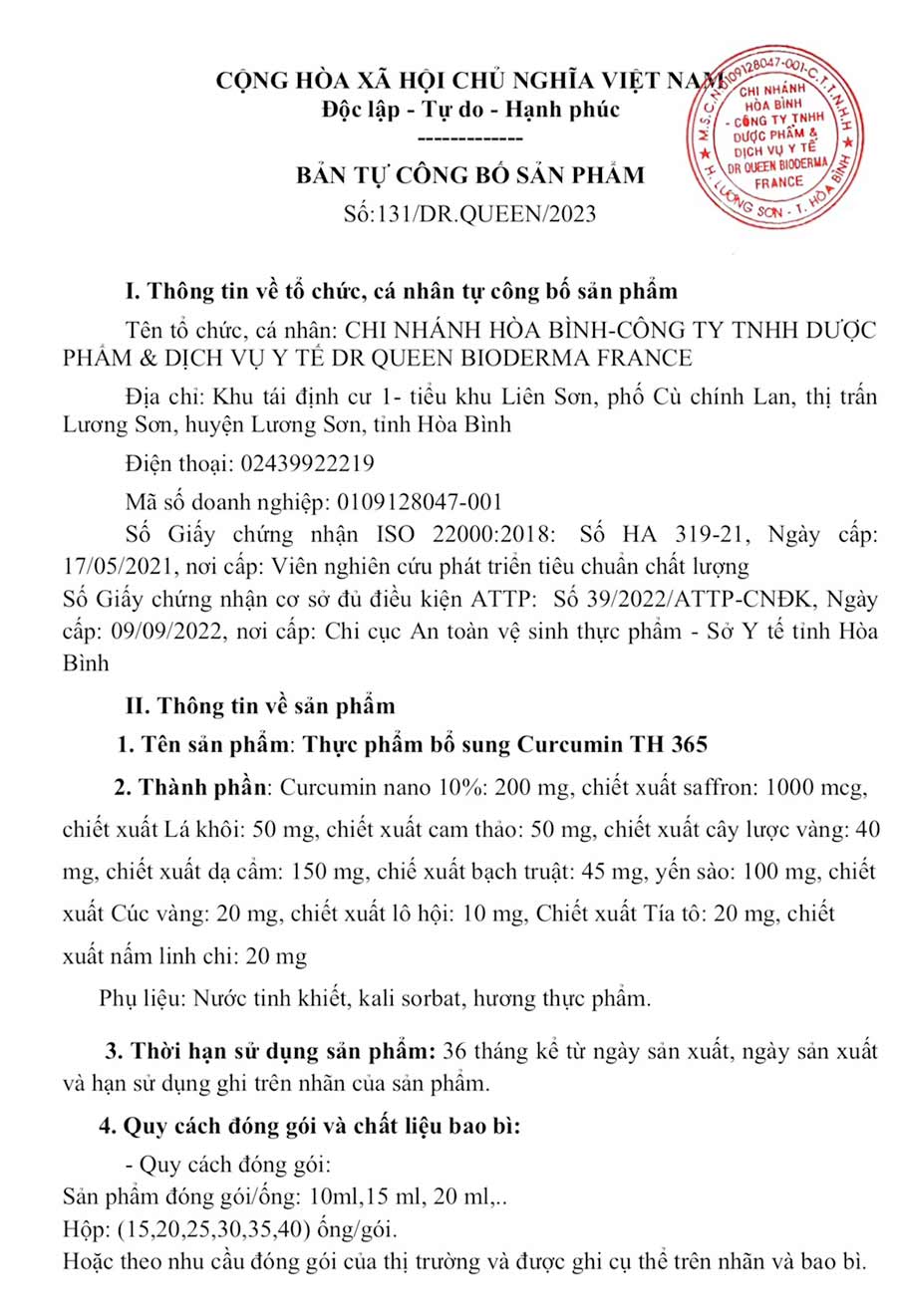 Bản công bố Curcumin TH 365